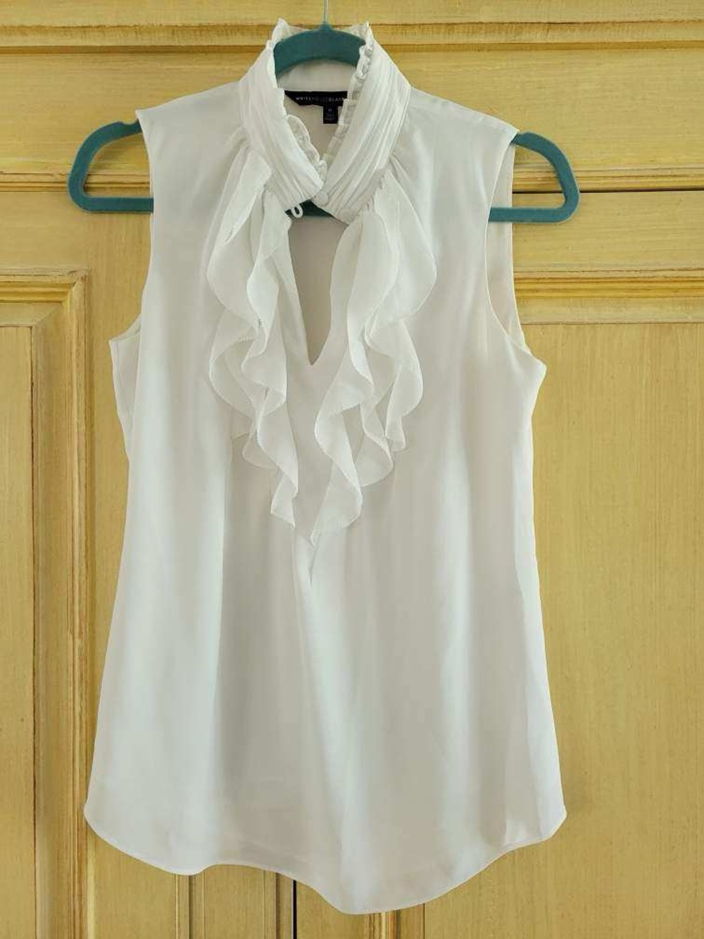 White House Black Market White Sleeveless Ruffle-Front Blouse